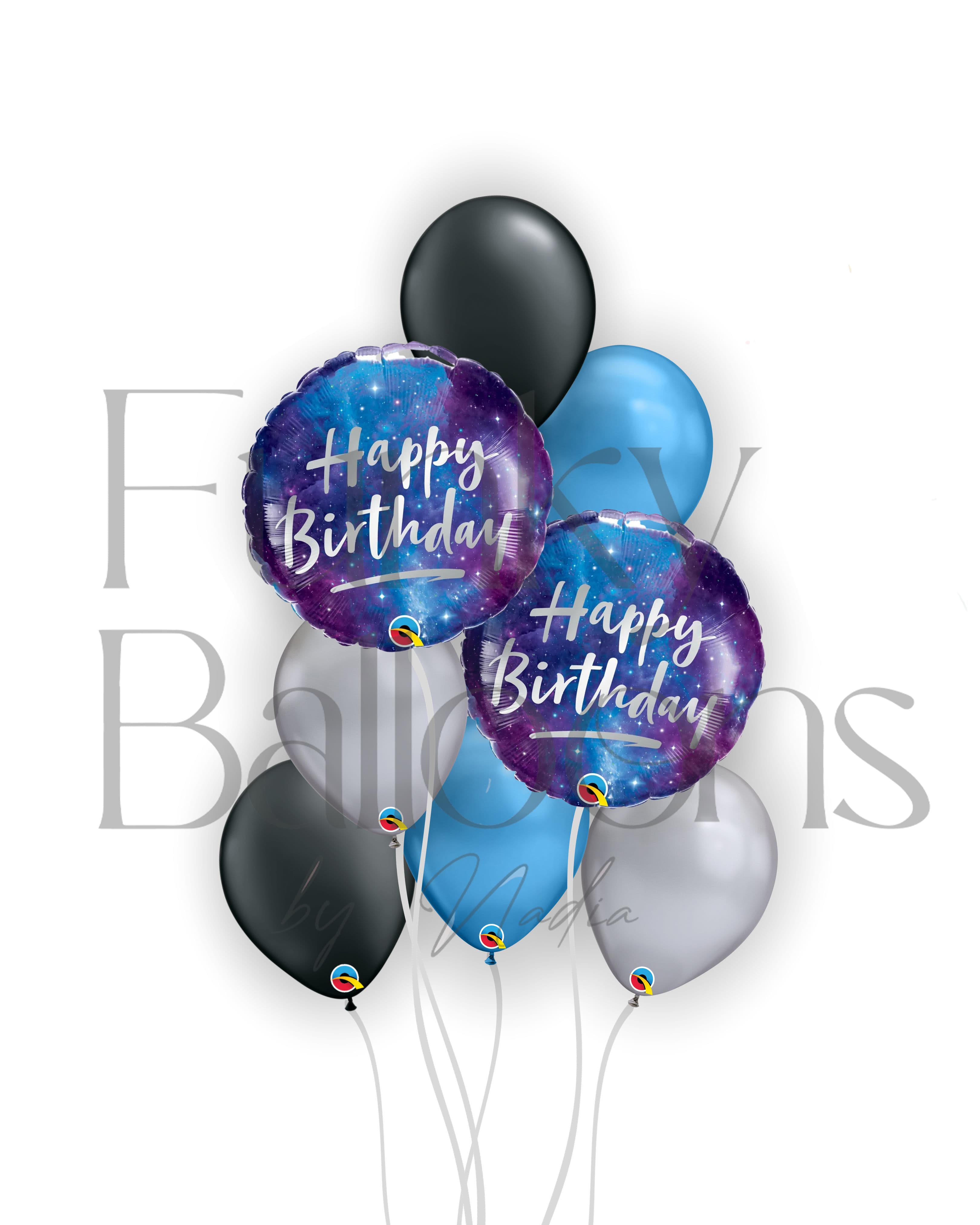 Happy Birthday - Black, Silver & Blue Balloons