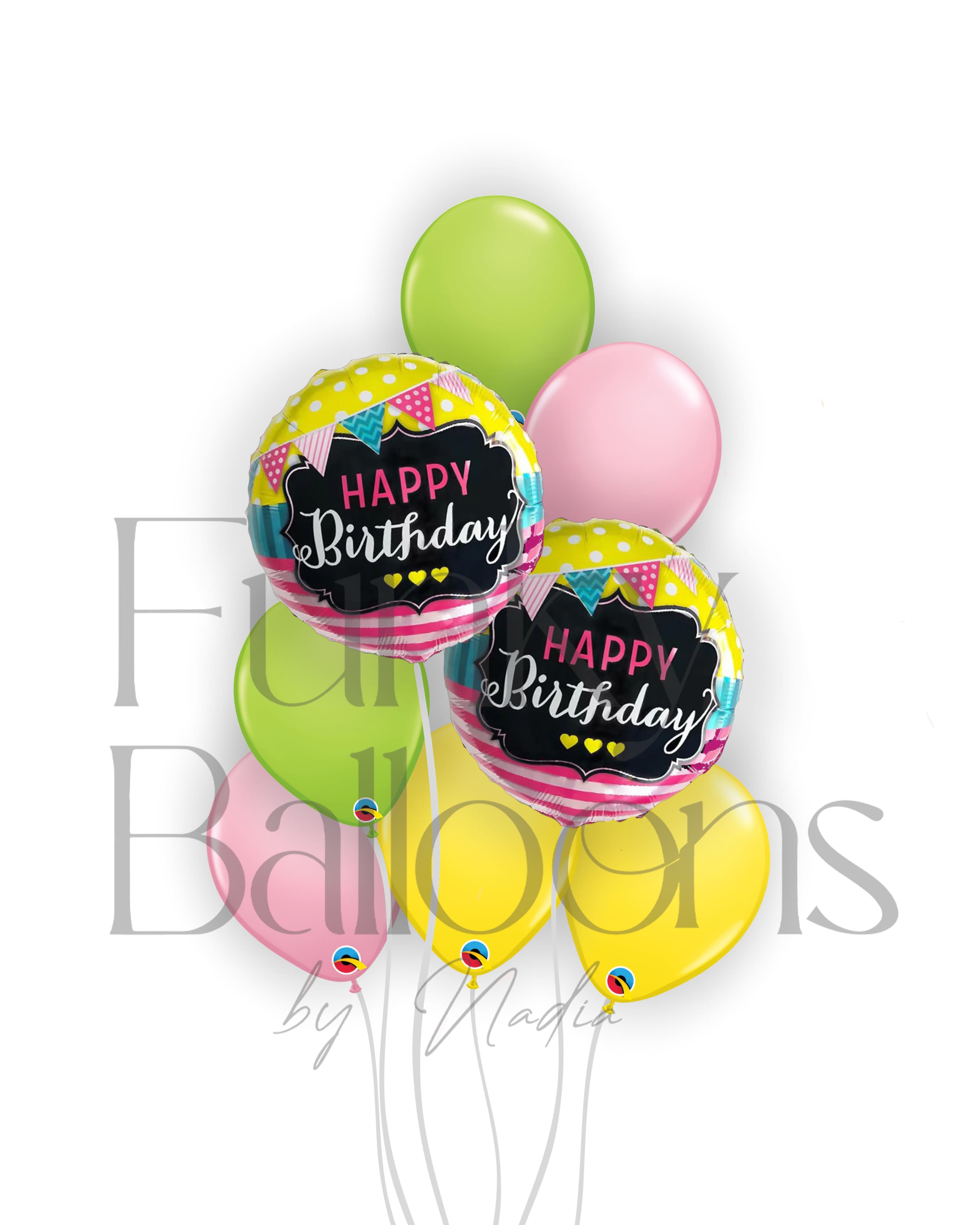 Happy Birthday - Green, Yellow & Pink Balloons