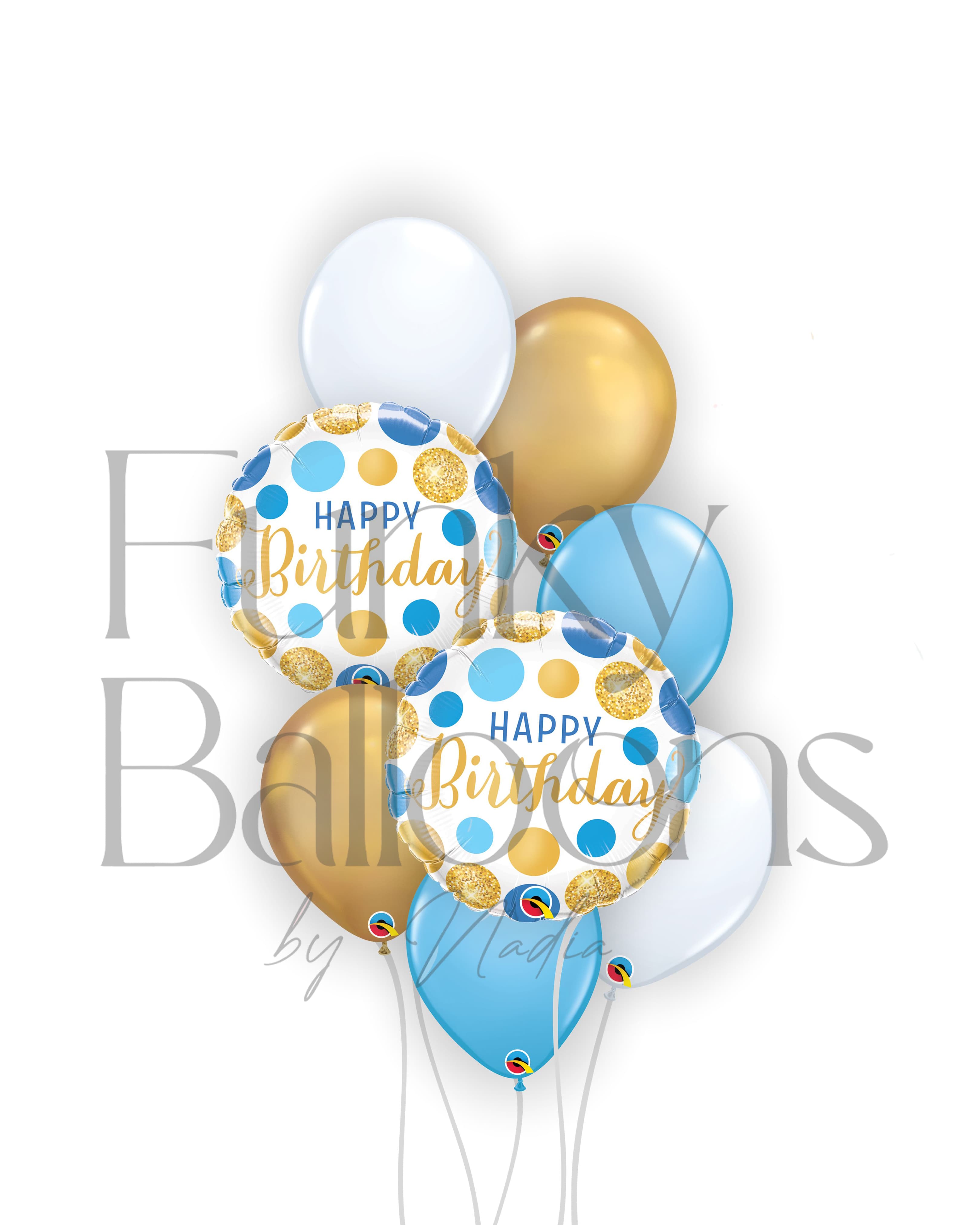 Happy Birthday - Gold, White & Blue Balloons